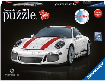 3D dėlionė Porsche 911R 12528, 25 cm x 10 cm, 108 vnt., balta/raudona Ravensburger dėlionė